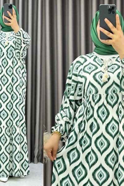 3538 Sahne Balon Kol Elbise Yeşil Yeşil