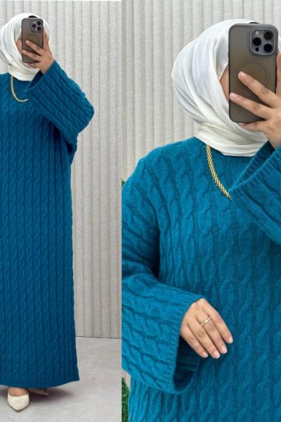 4072 Örgü Triko Elbise  Mavi