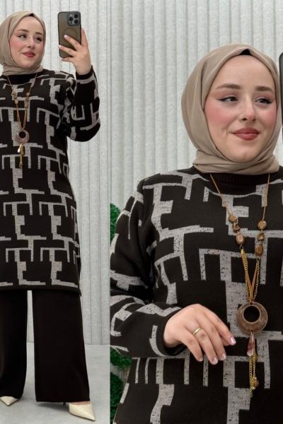 Afrodit Triko Pantolonlu Takım Kahverengi