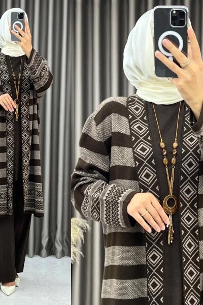 Sabahat 3 Lü Triko Takım Kahverengi